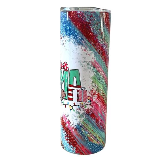 Mama Christmas Red Green Holiday Glitter Look 20 Oz Metal Tumbler w/Lid Straw - Picture 2 of 9